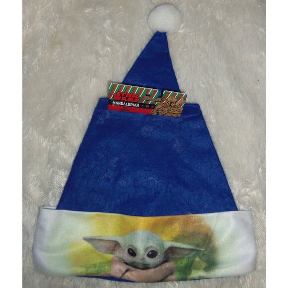 Christmas Santa Hats Disney Din Grogu Baby Yoda Yellow background 16" Blue Felt - Picture 2 of 4